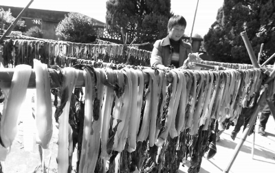 在黎陽村綠農(nóng)芥菜廠內(nèi)，工人們正在晾曬芥菜。